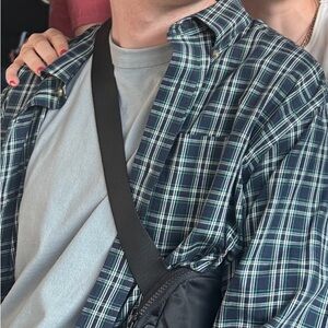 Vintage L.L. Bean Men's Navy, Green and White Plaid Button-Up Shirt